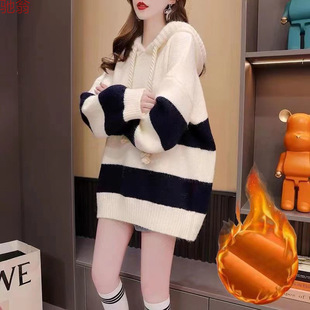 Y9Z2024秋冬洋气减龄针织衫 宽松慵懒风连帽卫 加绒加厚毛衣女韩版