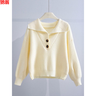 日系宽松外穿针织衫 大翻领套头毛衣女2024春秋新款 上 短款 Y9Z时尚
