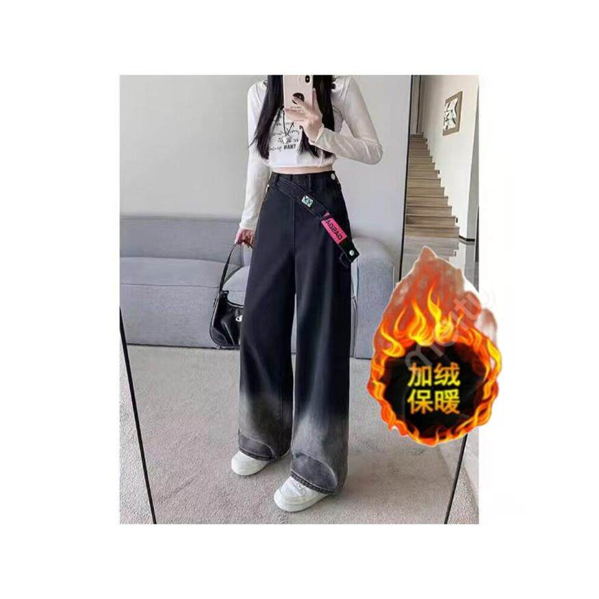 大码侧边拉链渐变牛仔裤