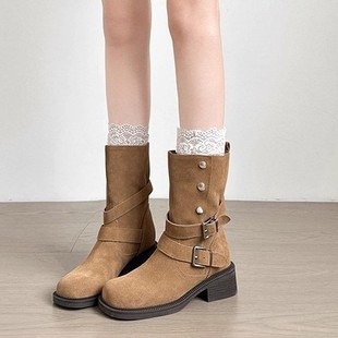 复古美拉德翻折两穿堆堆靴女2025秋冬新款 增高马丁靴皮带扣短靴子