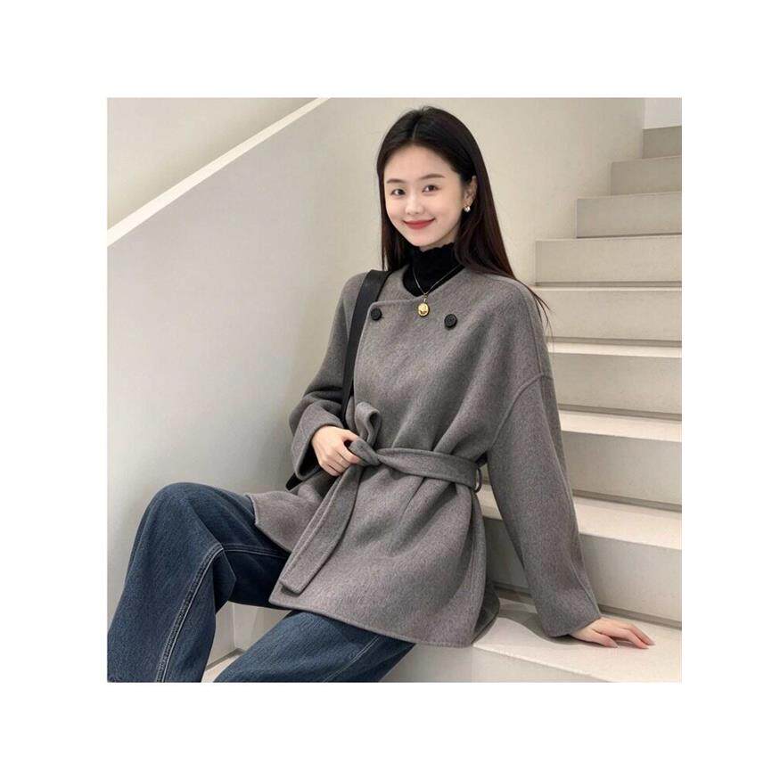 灰色短款双面呢大衣女秋