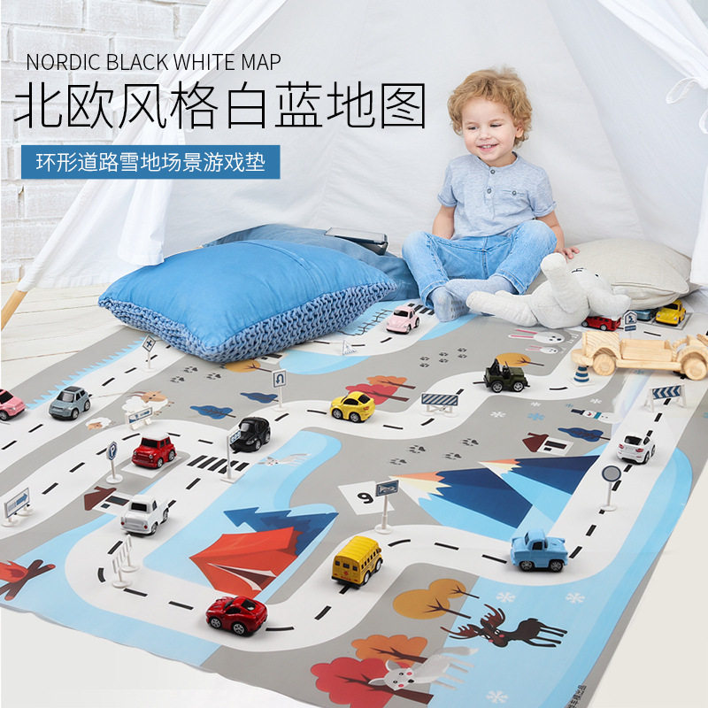 跨境玩具ins北欧蓝白130*100儿童交通停车场地图汽车随身游戏垫