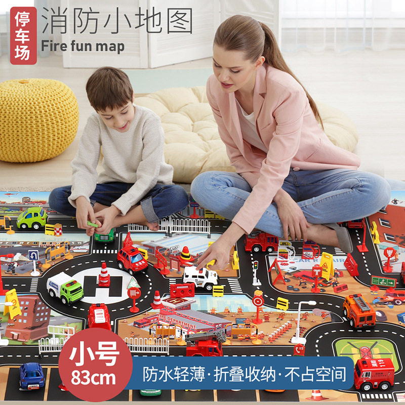 跨境儿童玩具游戏垫83*57城市消防交通停车场玩车地垫可配合金车