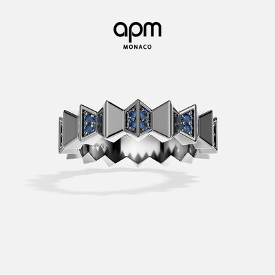[新品]APM Monaco海军蓝Up and Down戒指深灰色手饰波浪几何设计
