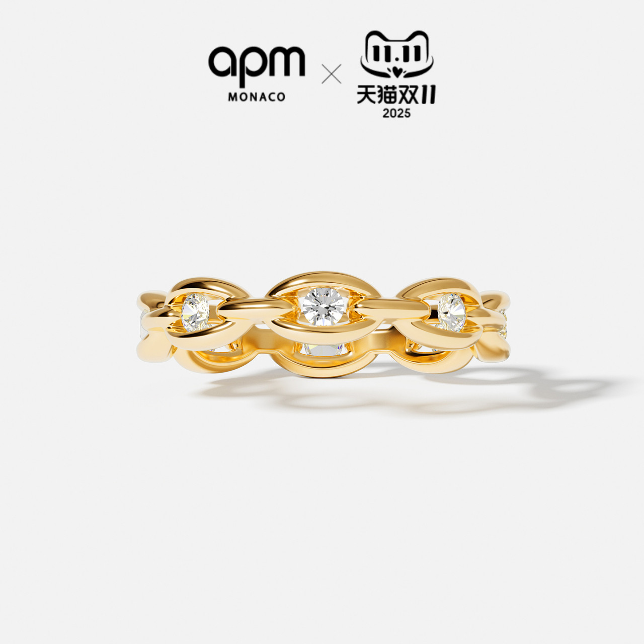 APM金黄色密镶链环戒指对戒