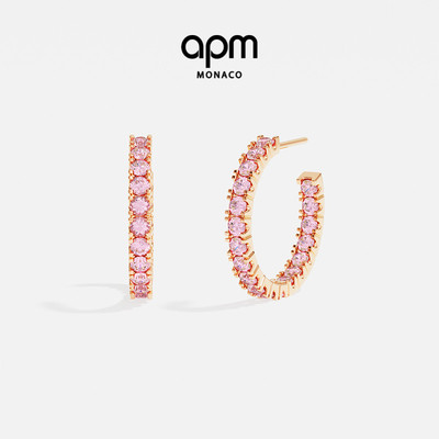 APM Monaco密镶圈形耳环玫瑰金色耳饰中号优雅简约新年情人节礼物