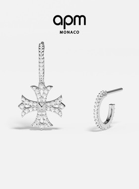 APM Monaco十字架不对称圈形耳环银白色小号耳饰个性摩登新年礼物