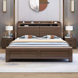 新中式胡桃木床主卧双人床1.8米简约现代1.5m高箱储物婚床 实木床