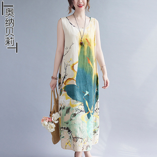 大码胖女人穿的棉绸裙子2023夏季宽松显瘦印花遮肚棉麻过膝连衣裙