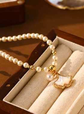 爆款天然贝母银杏叶项链女高级感串珠设计时尚轻奢吊坠颈链锁骨链