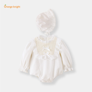 秋冬新款百日宴周岁女宝厚款圆领大圈拼接薄纱长袖小婴儿童装哈衣