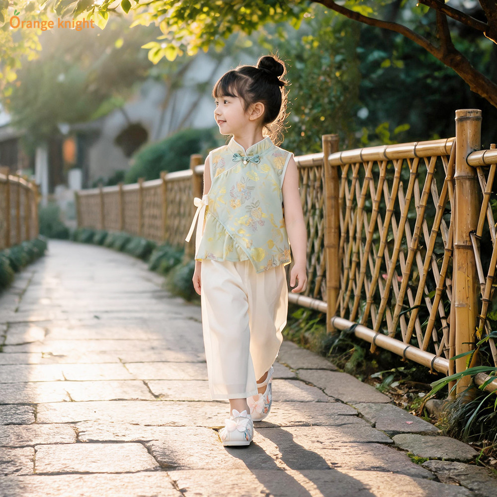 夏季女童古风两件套新中式薄款国风旗袍无袖背心中式上衣汉服套装