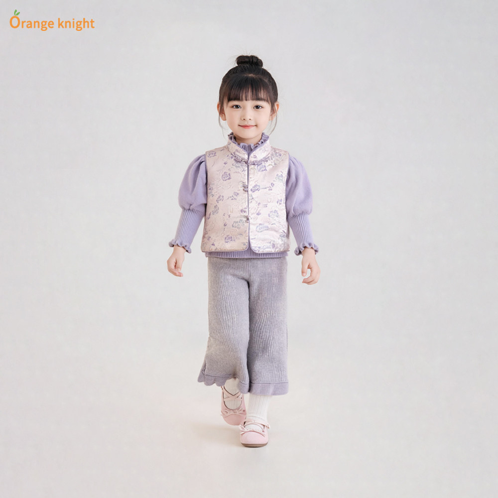 小女孩新中式拜年服套装春秋季儿童碎花国风旗袍式复古时尚三件套