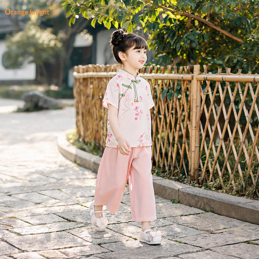 女童中国风夏季汉服两件套2026年新款中式盘扣短袖民国风薄款套装