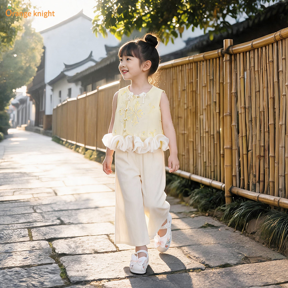 新中式夏季装两件套女孩薄款国风儿童甜美无袖上衣民国风日常套装