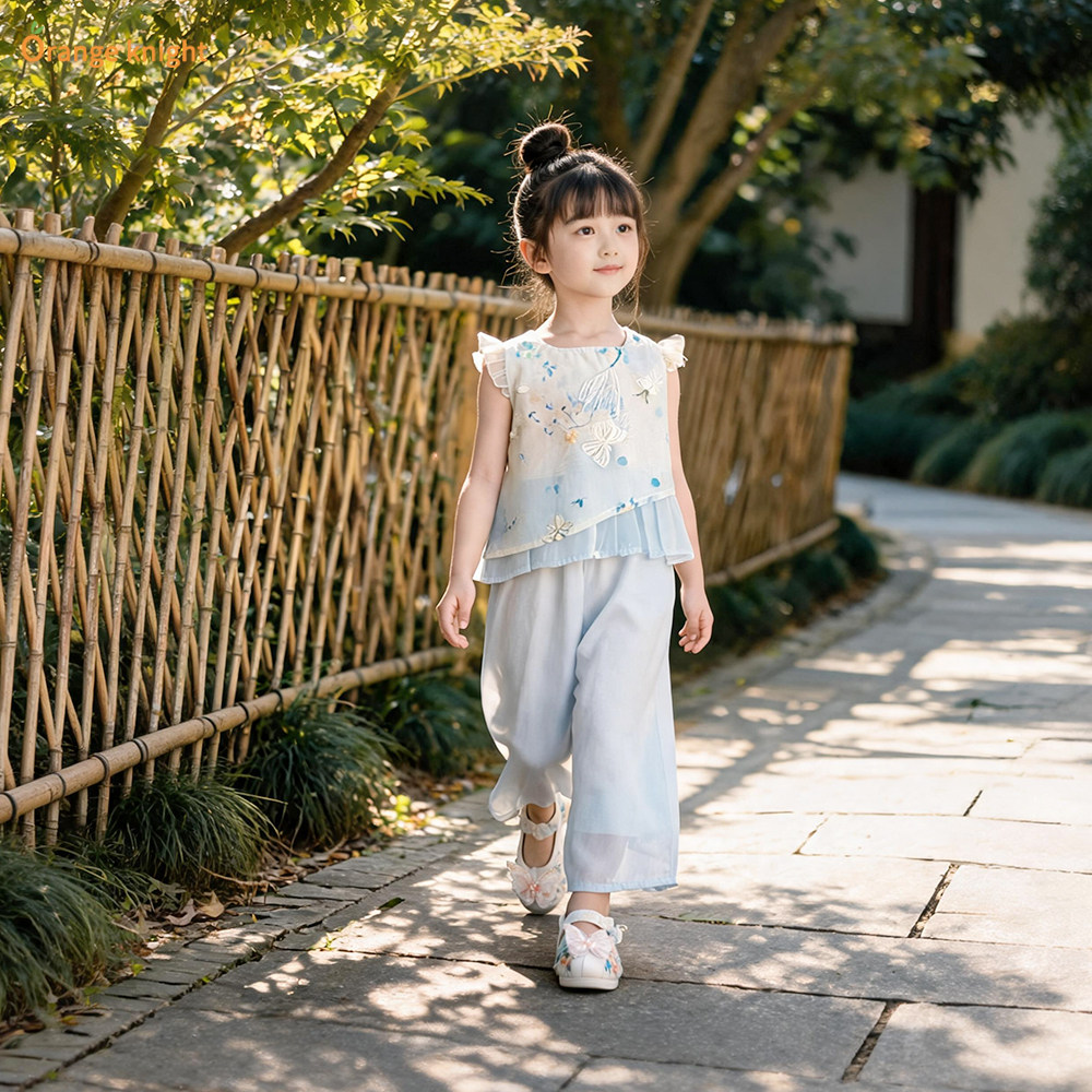女孩夏季薄款套装中国风刺绣背心上衣儿童套装2026新款汉服两件套