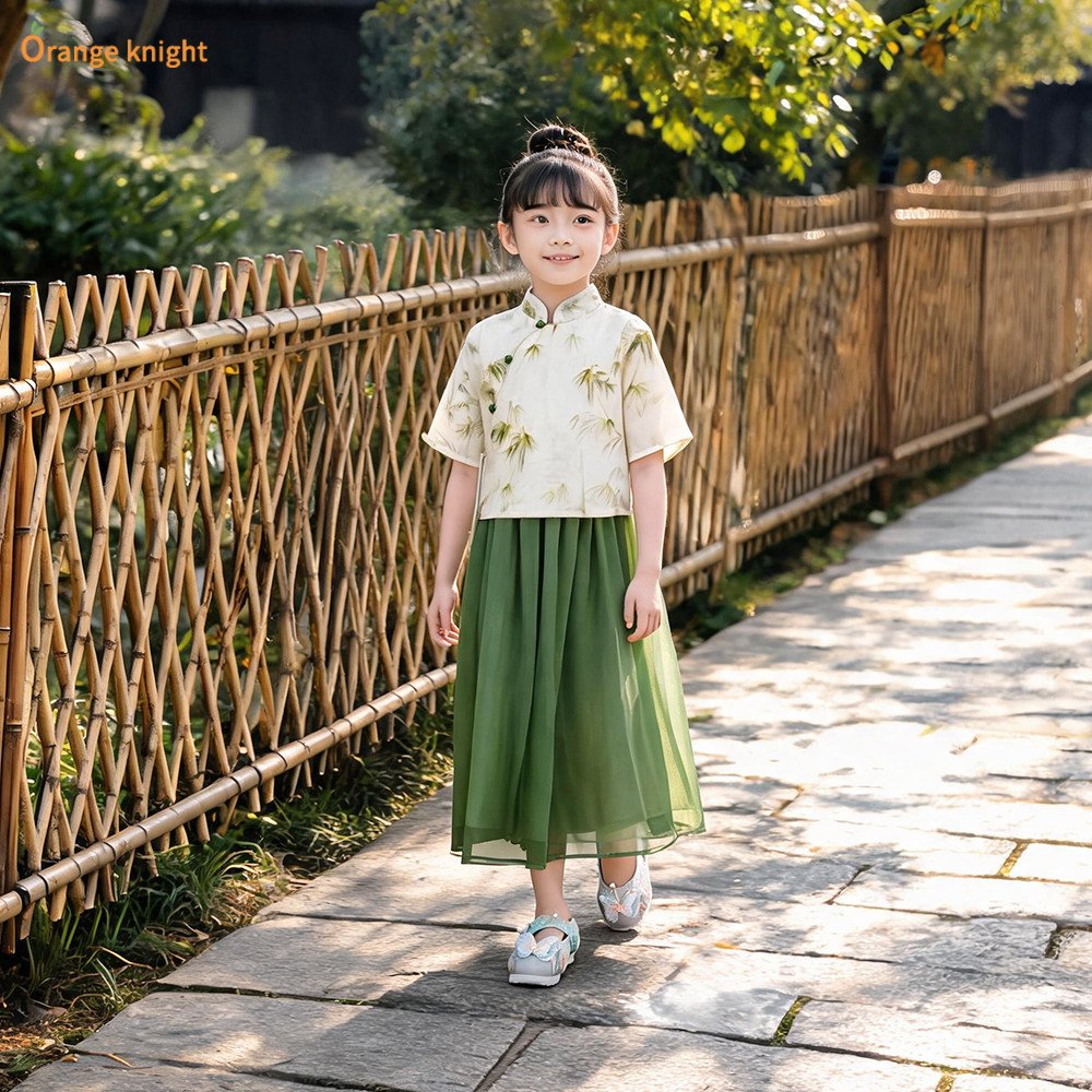 夏季女孩套装新中式斜襟短袖印花上衣儿童网纱长裙国风两件套古装