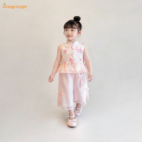 小女孩夏装国风汉服套装2026款女童新中式唐装旗袍背心上衣两件套