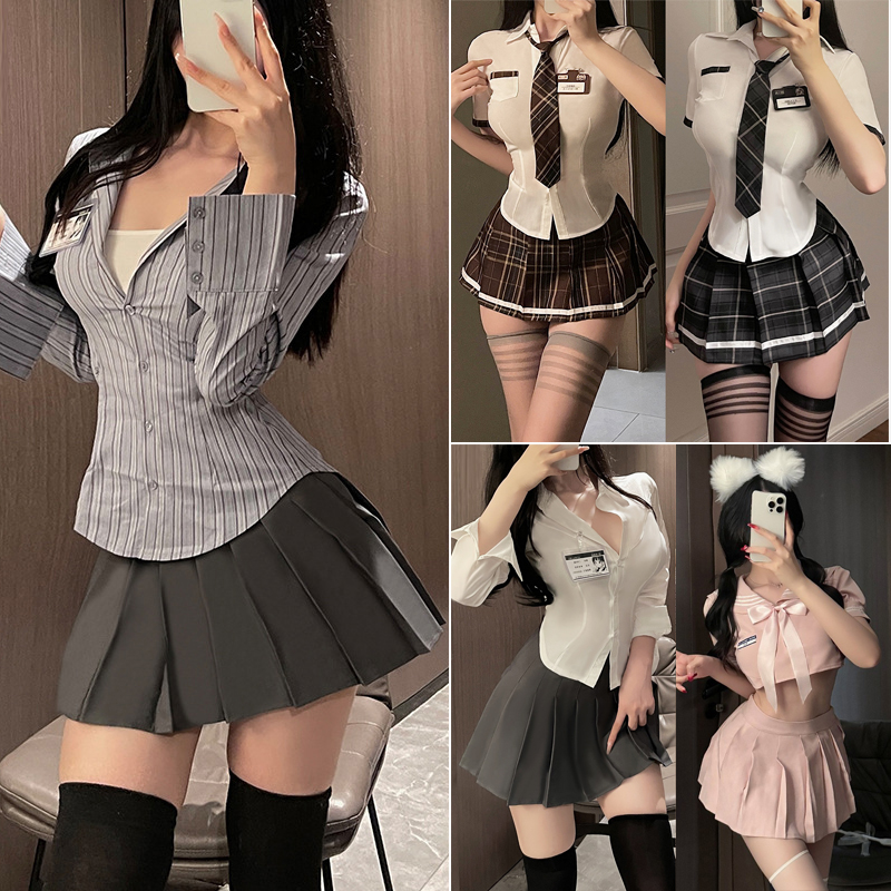 JK制服收腰衬衫女超短百褶裙纯欲风辣妹性感套装夏天学院风两件套