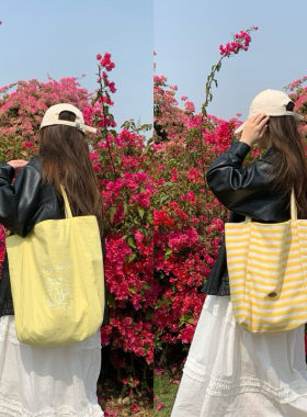 韩系小清新奶黄双面背帆布包女懒惰风大容量条纹托特包休闲购物袋