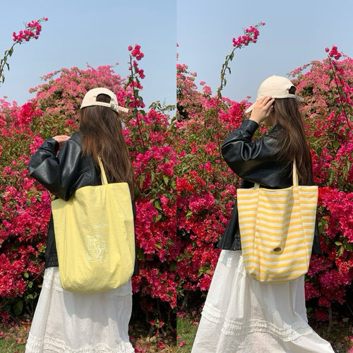 韩系小清新奶黄双面背帆布包女懒惰风大容量条纹托特包休闲购物袋