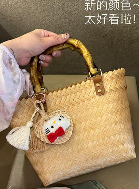 复古藤编竹节手提包女2026新款休闲中古风编织包小众菜篮子草编包