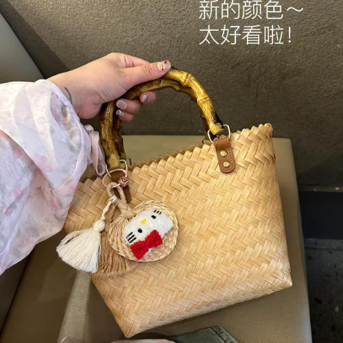 复古藤编竹节手提包女2026新款休闲中古风编织包小众菜篮子草编包
