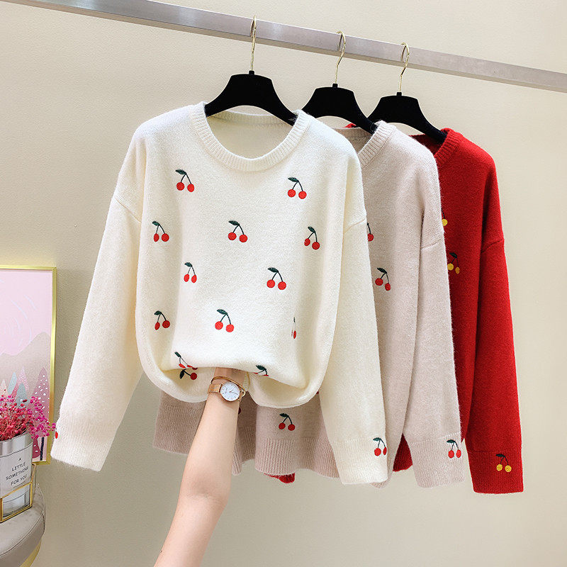 2020年新款韩版套头毛衣宽松日系樱桃上衣针织打底衫女秋冬中长款