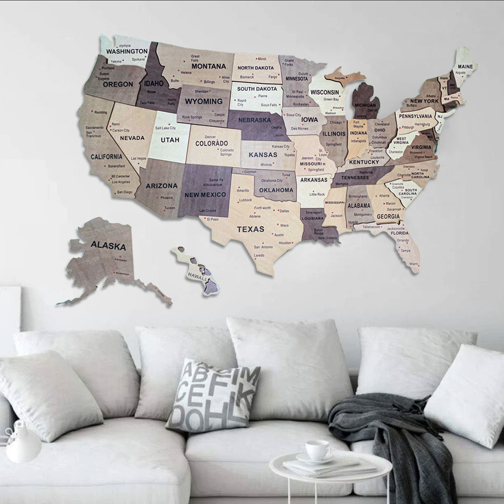 北欧实木质美国旅行地图相片墙壁饰墙面装饰创意客厅背景办公室