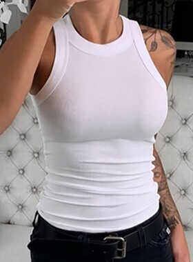 SolidRoundNeckRibbedTankTopSummer纯色圆领夏季背心女
