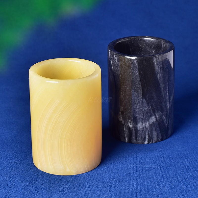 天然黄玉青花笔筒教师节礼品