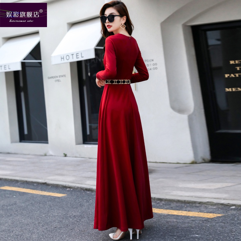 限时抢购红色连衣裙女2019新款秋冬内搭收腰显瘦长袖过膝长款针织长裙气质