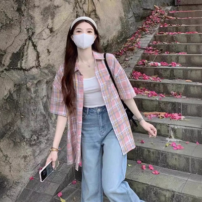 2025新款中性复古粉色格子衬衫女