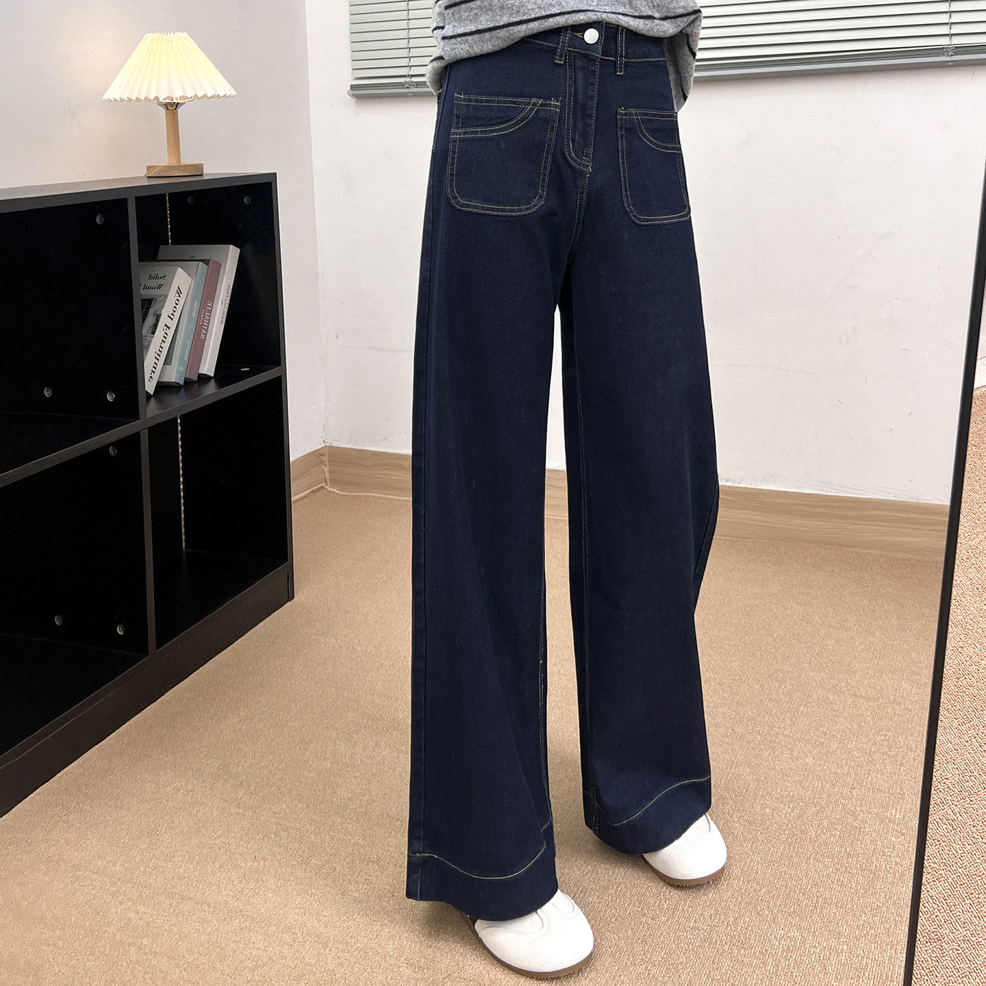 大码女装宽松深蓝色阔腿牛仔裤2026春季胖mm高腰显瘦弹力直筒长裤