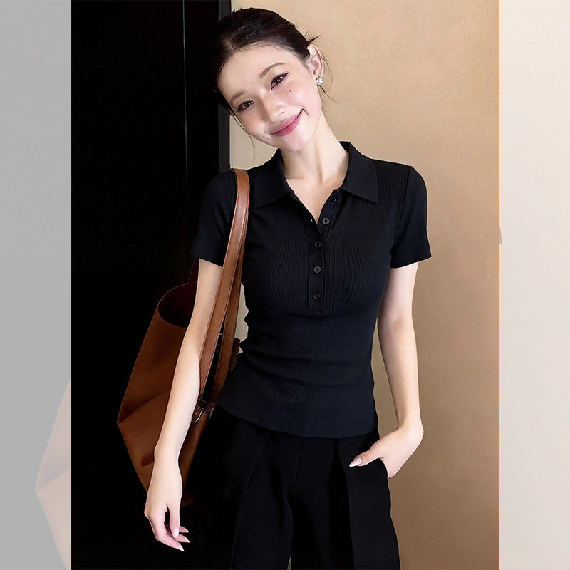 法式黑色polo领翻领短袖t恤女春夏季小个子紧身修身短款正肩上衣