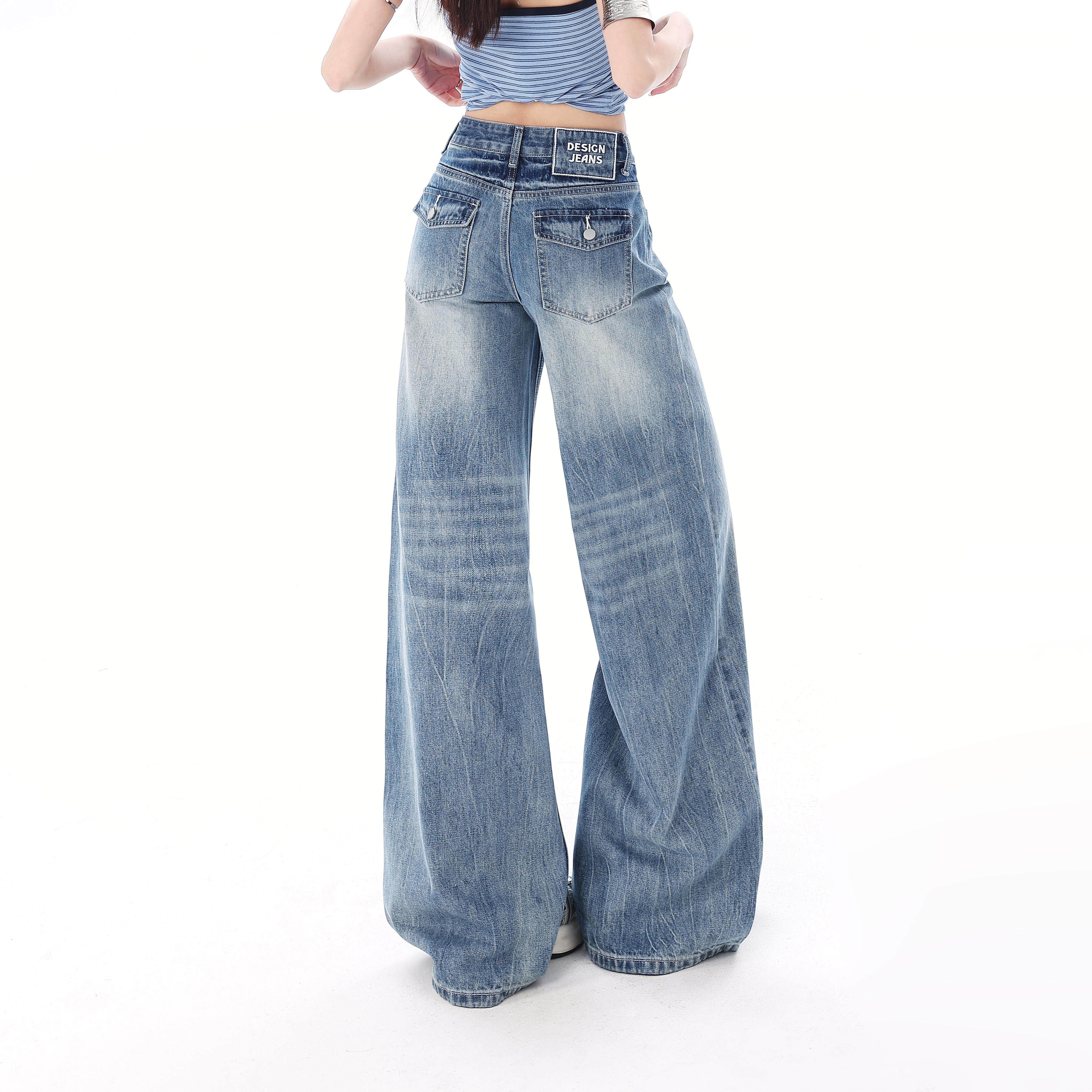蓝色水洗做旧休闲宽松阔腿牛仔裤女春秋季低腰垂感直筒拖地长裤子