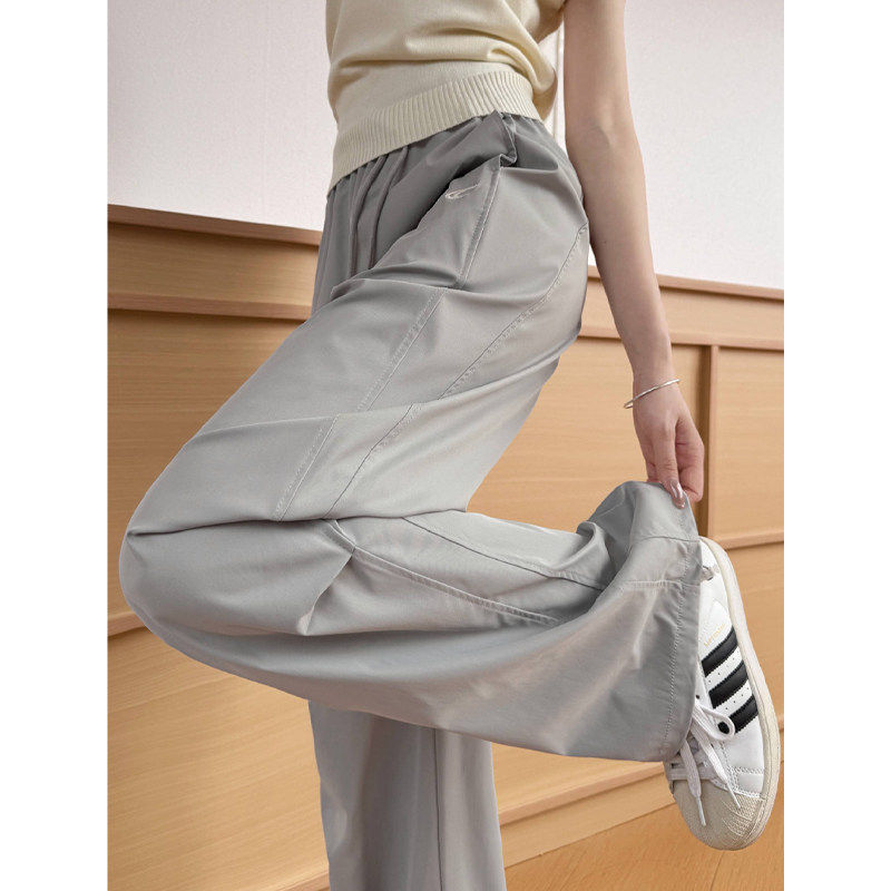 灰色刺绣工装运动裤女春夏2026新款高腰小个子休闲显瘦速干阔腿裤