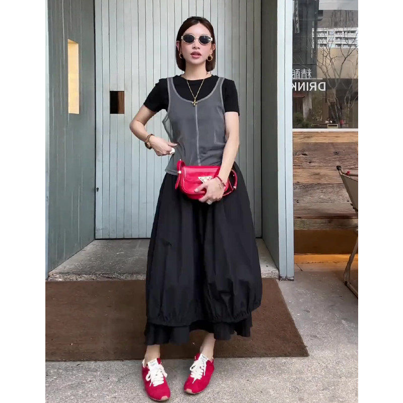 韩系覆古设计感套装女2025新款小个子叠穿短袖t恤小众拼接半身裙