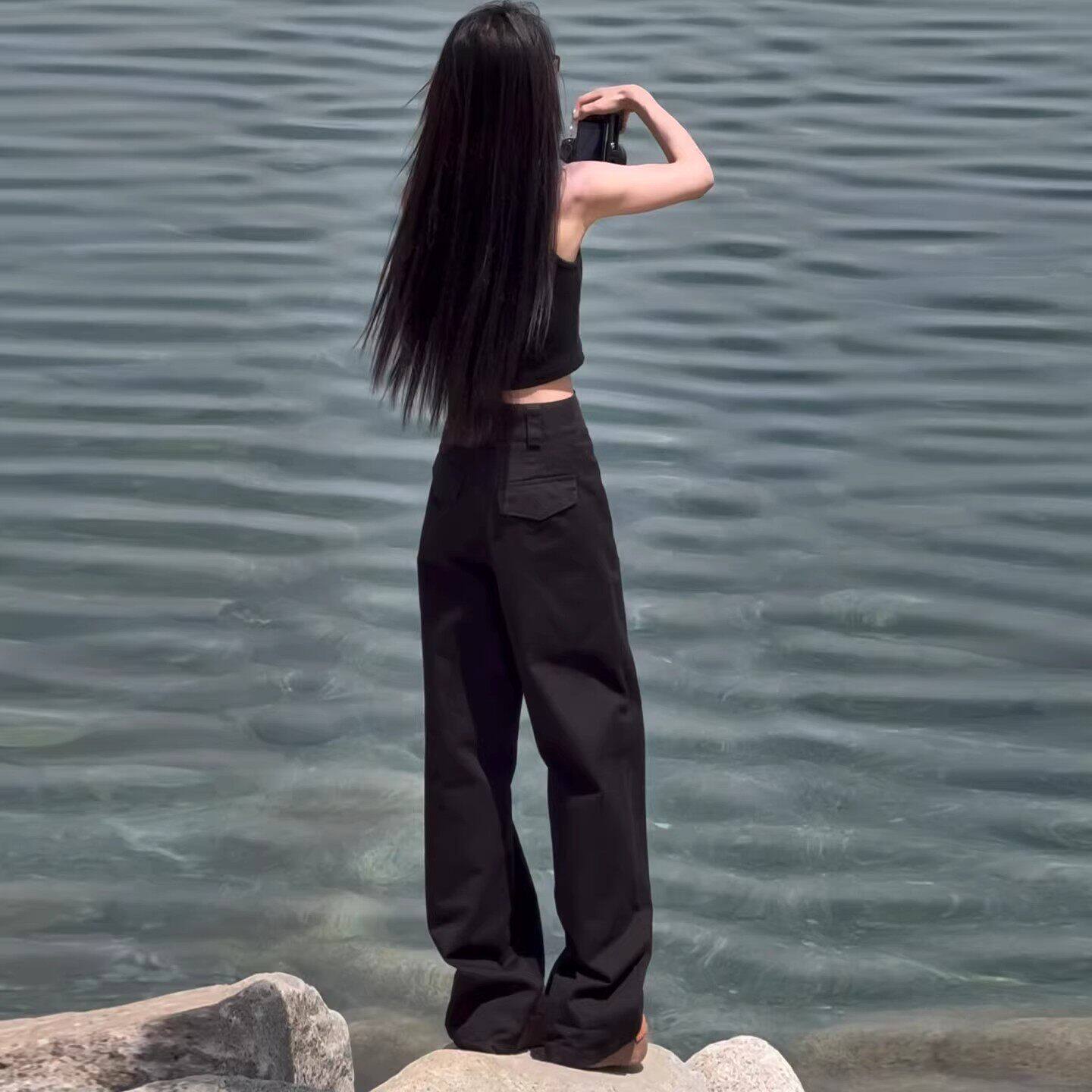 美式工装阔腿裤女夏季薄款大尺码胖mm宽松显瘦高腰窄版直筒西装裤