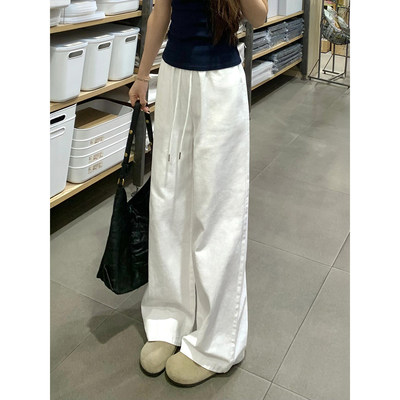 白色抽绳休闲阔腿裤女早
