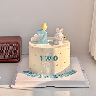 可爱吹蜡烛two数字2周岁兔宝宝生日蛋糕装饰小兔子摆件插件