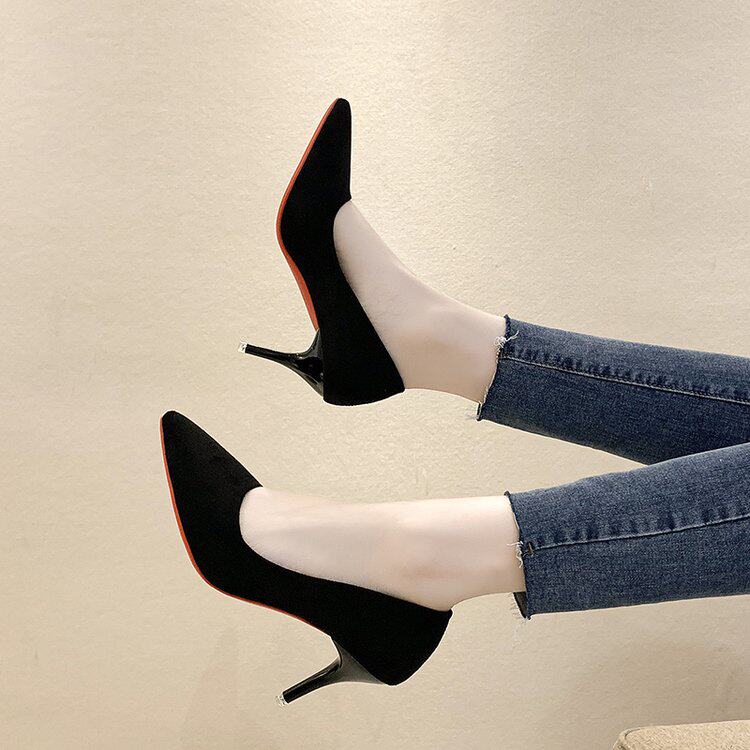 工作鞋高跟鞋细跟面试中跟3-5cm绒面黑色正装礼仪职业尖头单鞋女