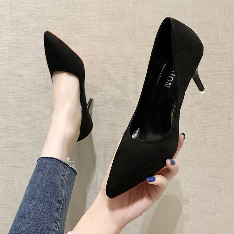 绒面红底高跟鞋女尖头细跟5-7cm百搭黑色职业工鞋学生礼仪队单鞋