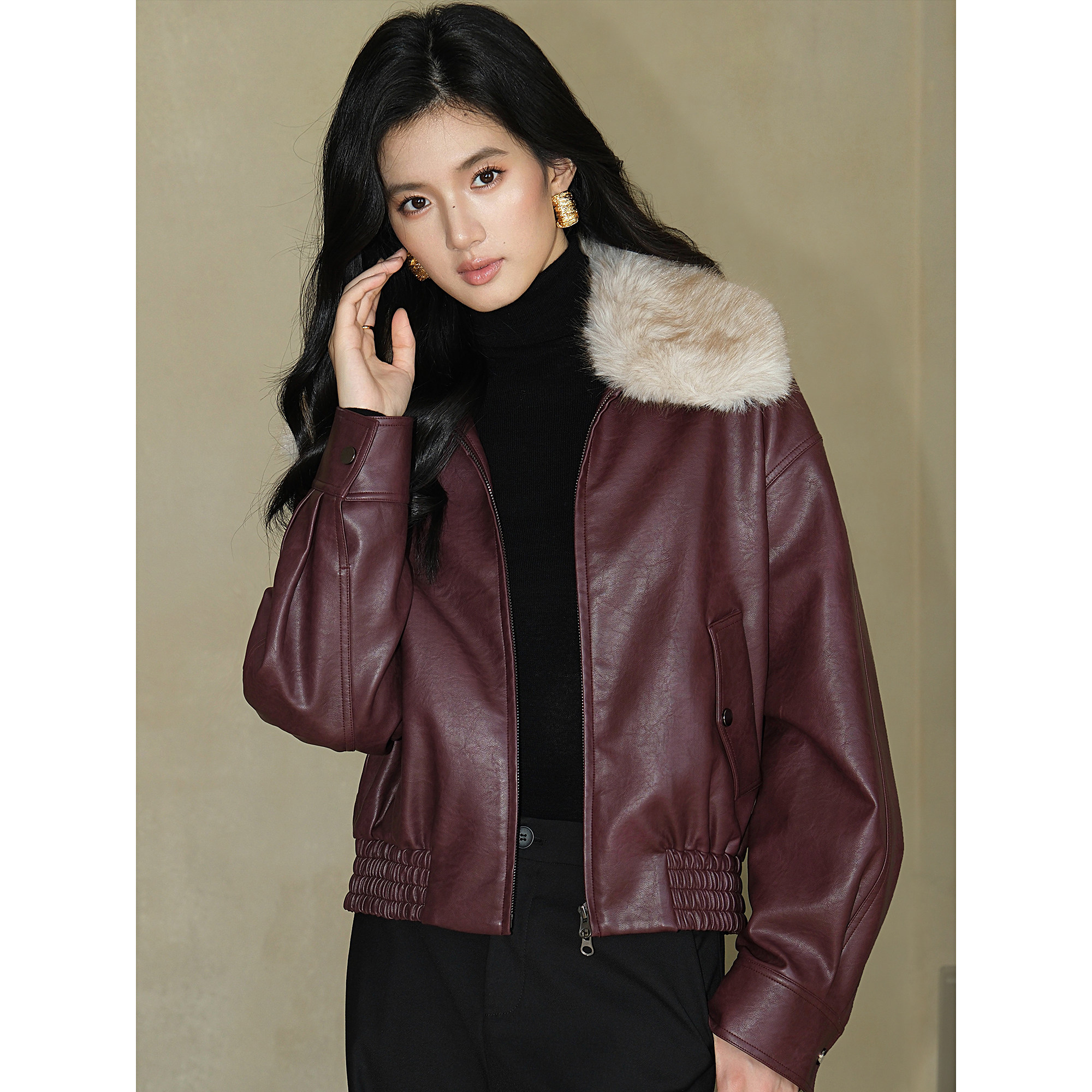 时尚气质皮衣外套可拆毛领