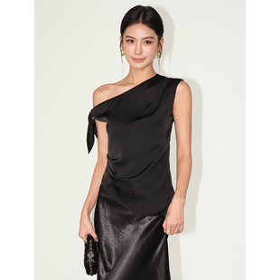 衬衫 轻奢缎面斜肩绑带背心上衣女不规则捏褶无袖 HU氛围美学 NEVA