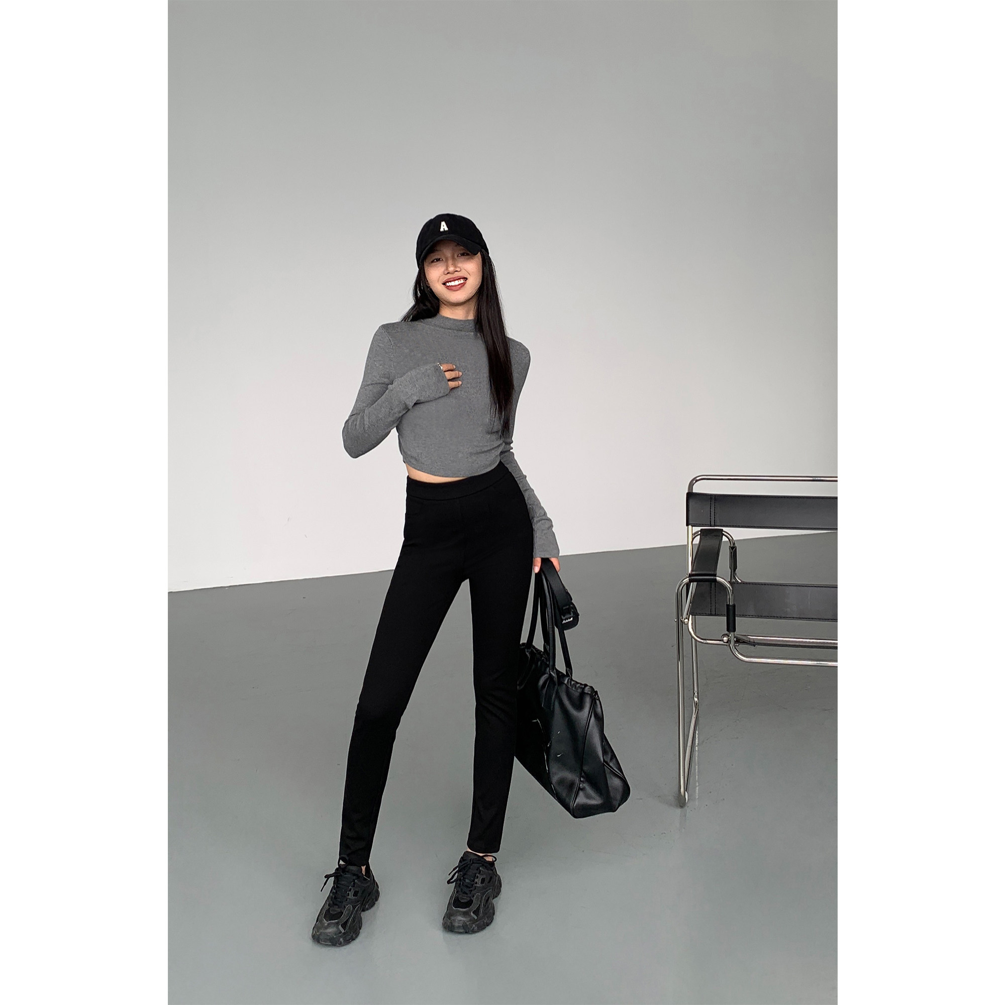 修身裤子高腰设计感九分裤