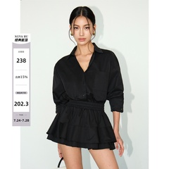 NEVA HU白色法式长袖衬衫连衣裙短款设计感收腰显瘦小个子短裙女