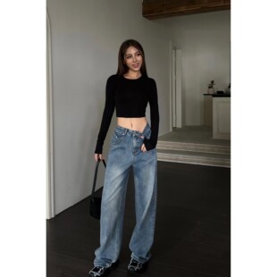 女宽松阔腿显瘦休闲百搭长裤 NEVA 高腰直筒牛仔裤 静谧湖蓝