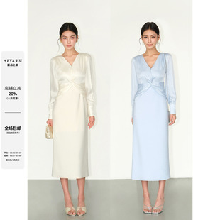 优雅V领扭结长袖 至简格调 连衣裙女高级感缎面收腰长裙 NEVA
