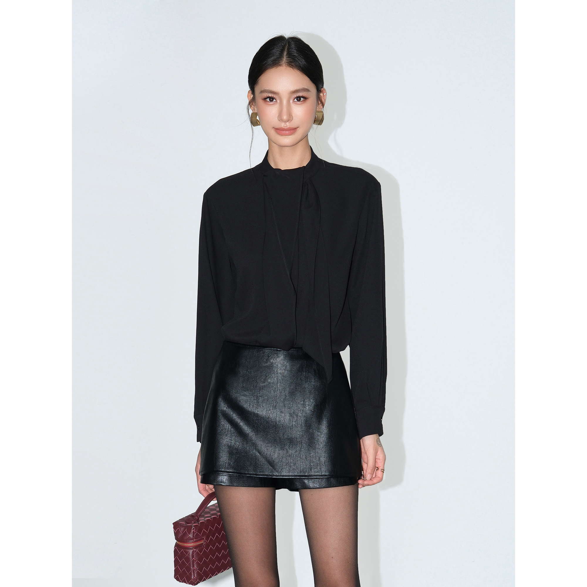 NEVA HU 罗马画报 高级飘带小立领衬衫女设计感绑带气质长袖衬衣